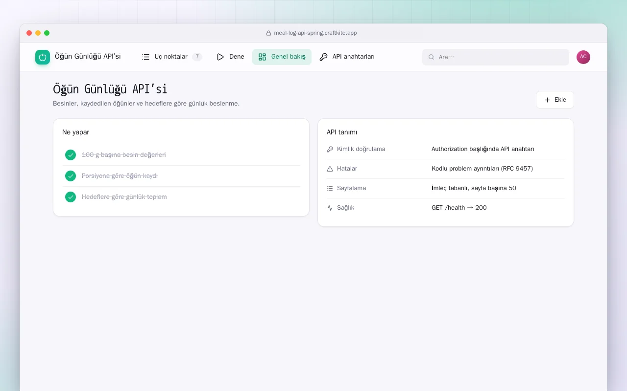 Öğün Günlüğü API’si (Spring Boot): Öğün Günlüğü API’si ekranı