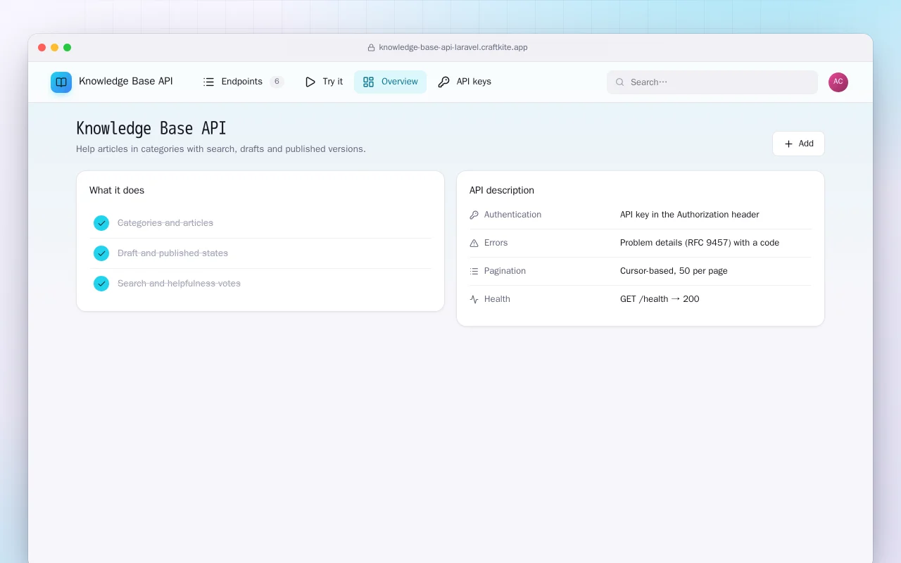 Knowledge Base API (Laravel): the Knowledge Base API screen
