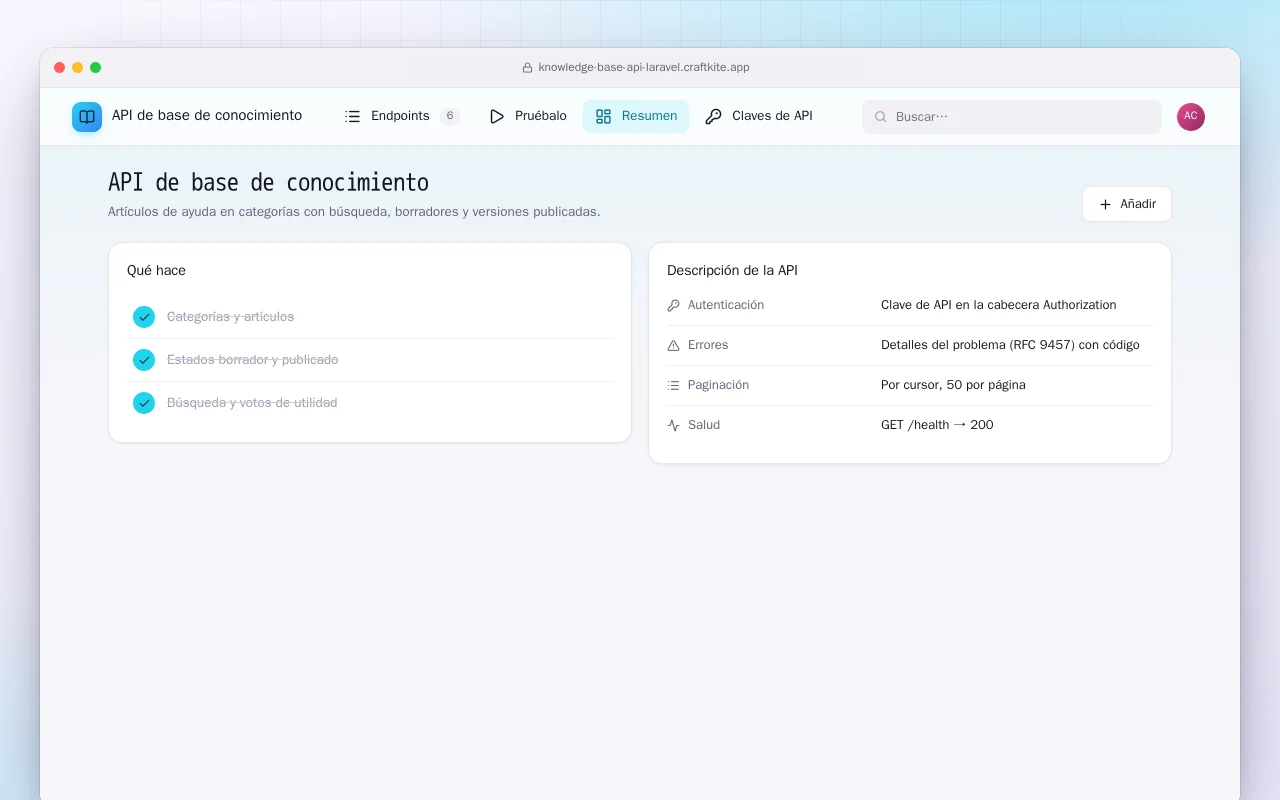 API de base de conocimiento (Laravel): la pantalla API de base de conocimiento