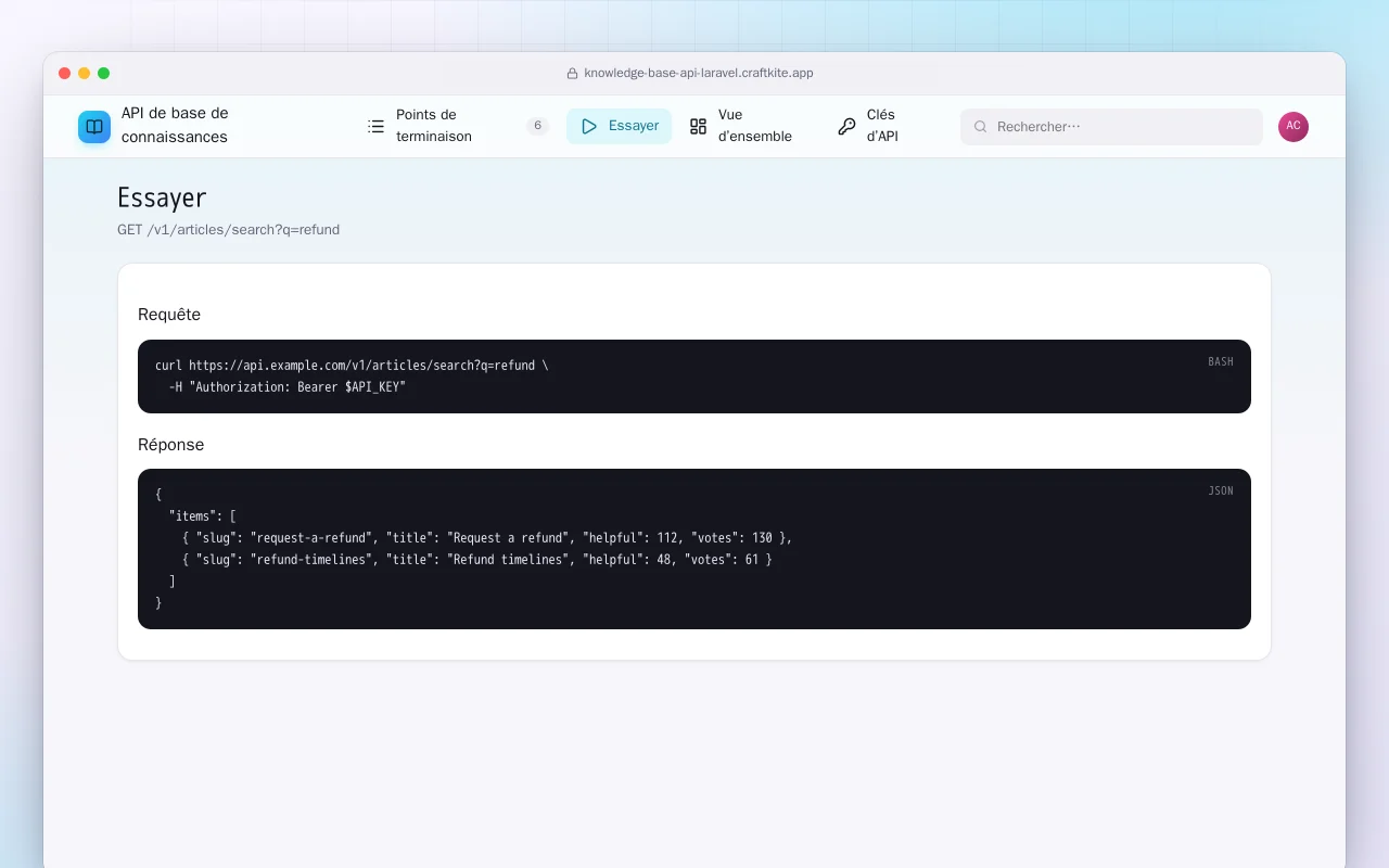 API de base de connaissances (Laravel) : l’écran Essayer