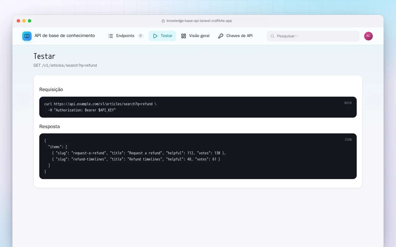 API de base de conhecimento (Laravel): a tela Testar