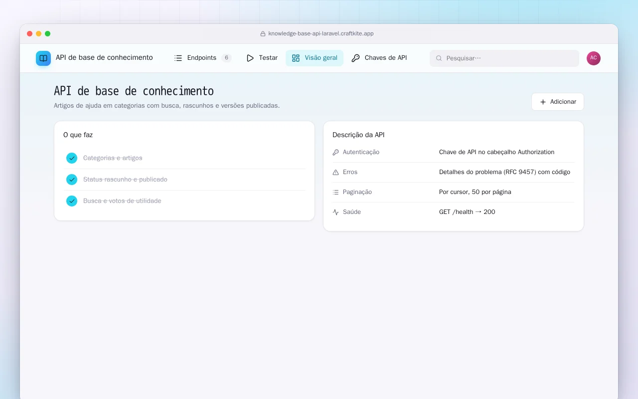 API de base de conhecimento (Laravel): a tela API de base de conhecimento