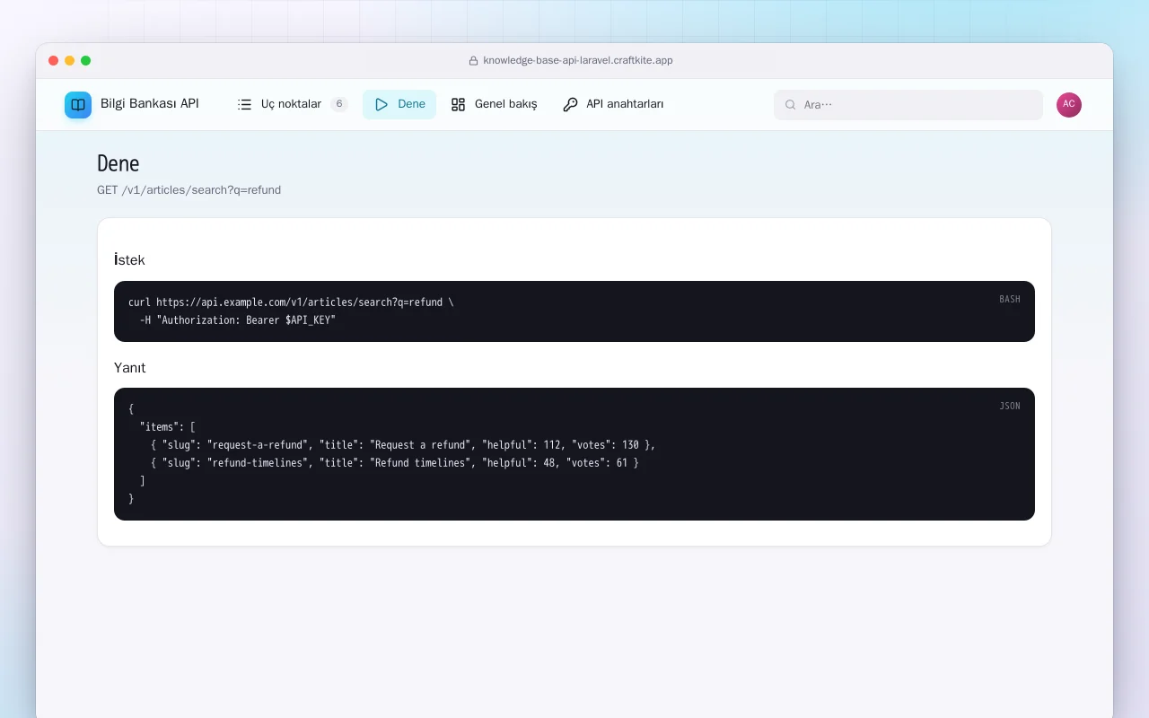 Bilgi Bankası API (Laravel): Dene ekranı