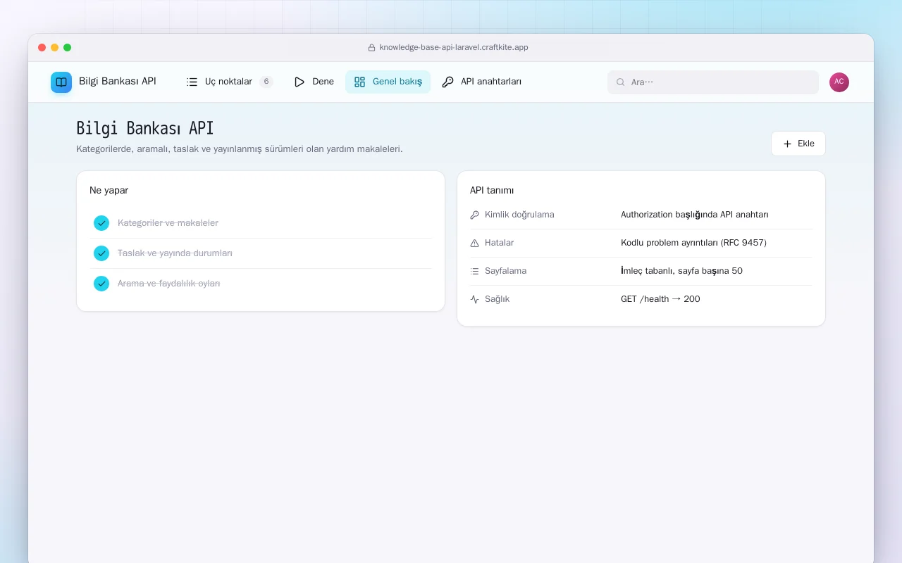 Bilgi Bankası API (Laravel): Bilgi Bankası API ekranı