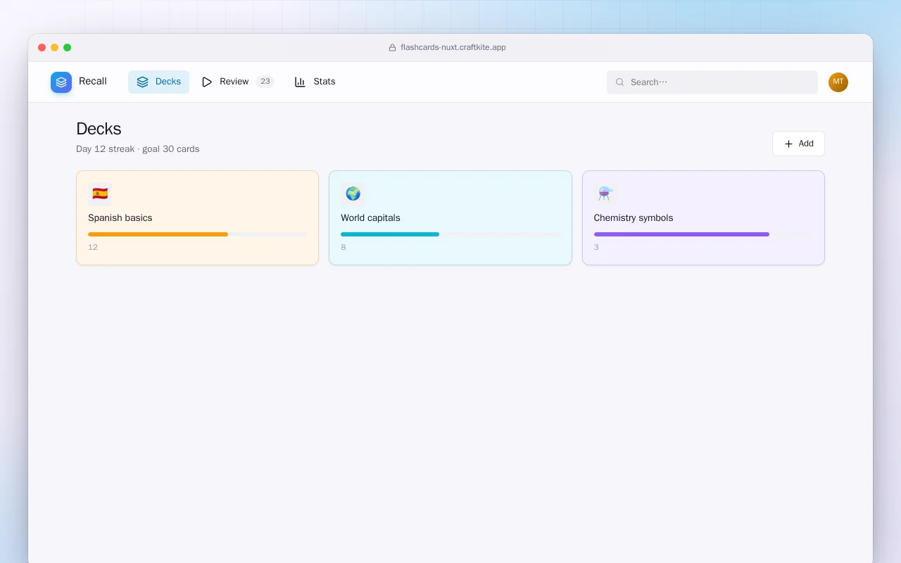 Flashcard Trainer (Nuxt): the Decks screen
