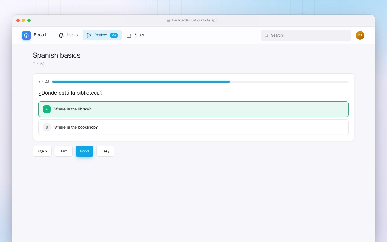 Flashcard Trainer (Nuxt): the Spanish basics screen