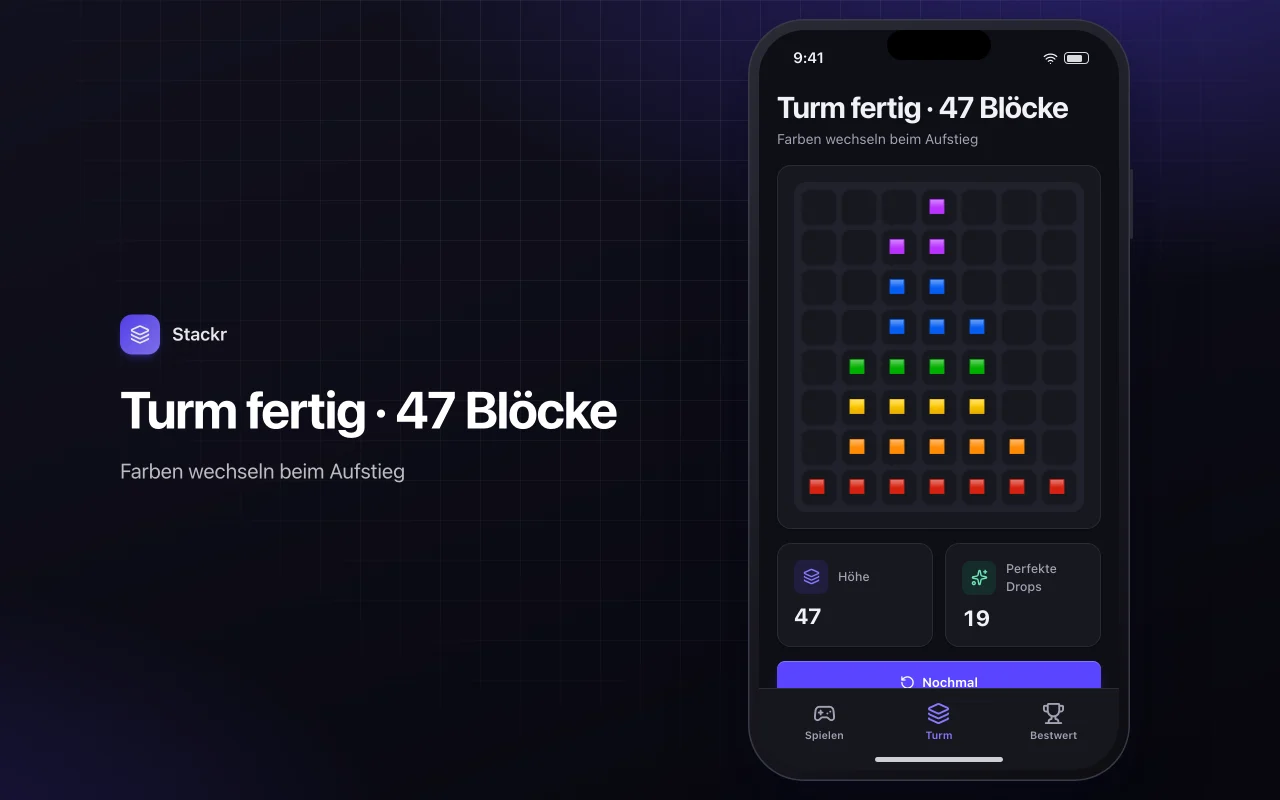 Turmstapel: der Bildschirm „Turm fertig · 47 Blöcke“