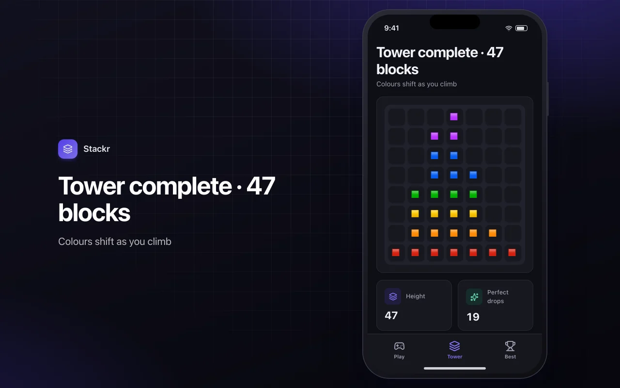 Tower stack: the Tower complete · 47 blocks screen