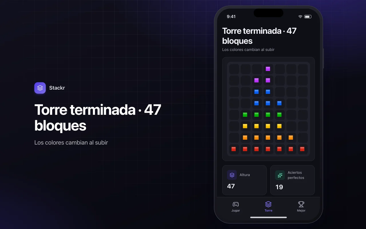 Torre de bloques: la pantalla Torre terminada · 47 bloques