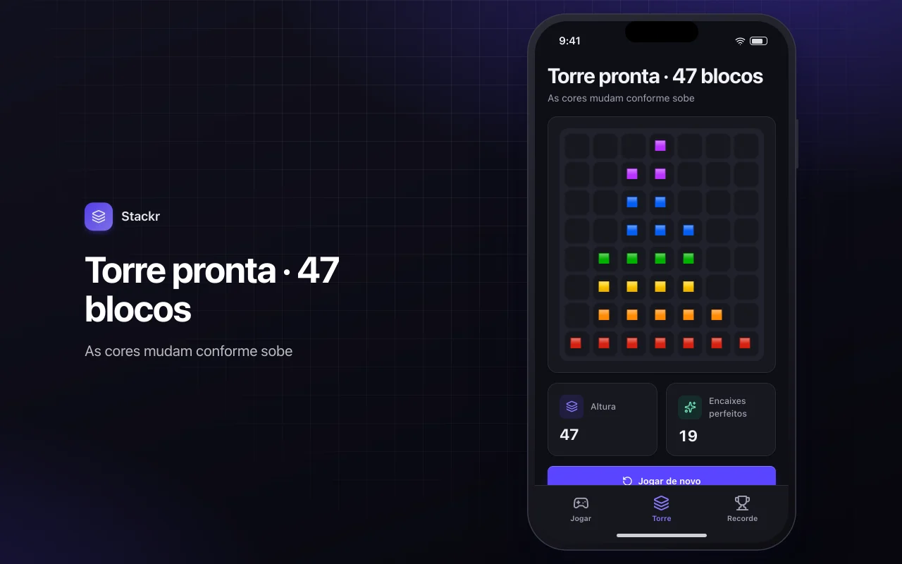 Torre empilhada: a tela Torre pronta · 47 blocos