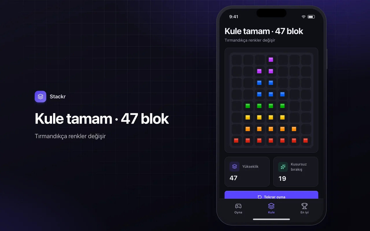 Kule yığma: Kule tamam · 47 blok ekranı