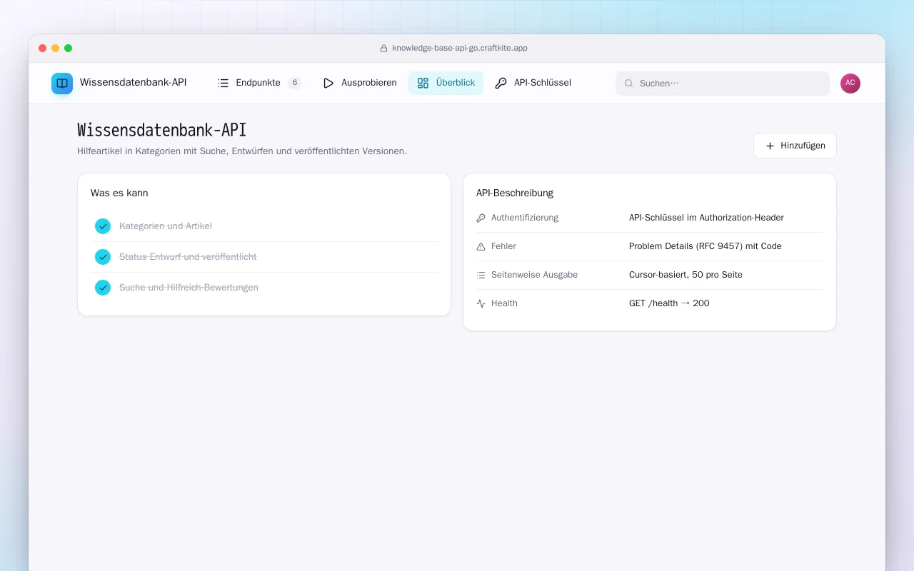 Wissensdatenbank-API (Go): der Bildschirm „Wissensdatenbank-API“