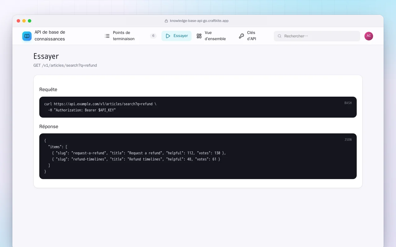 API de base de connaissances (Go) : l’écran Essayer