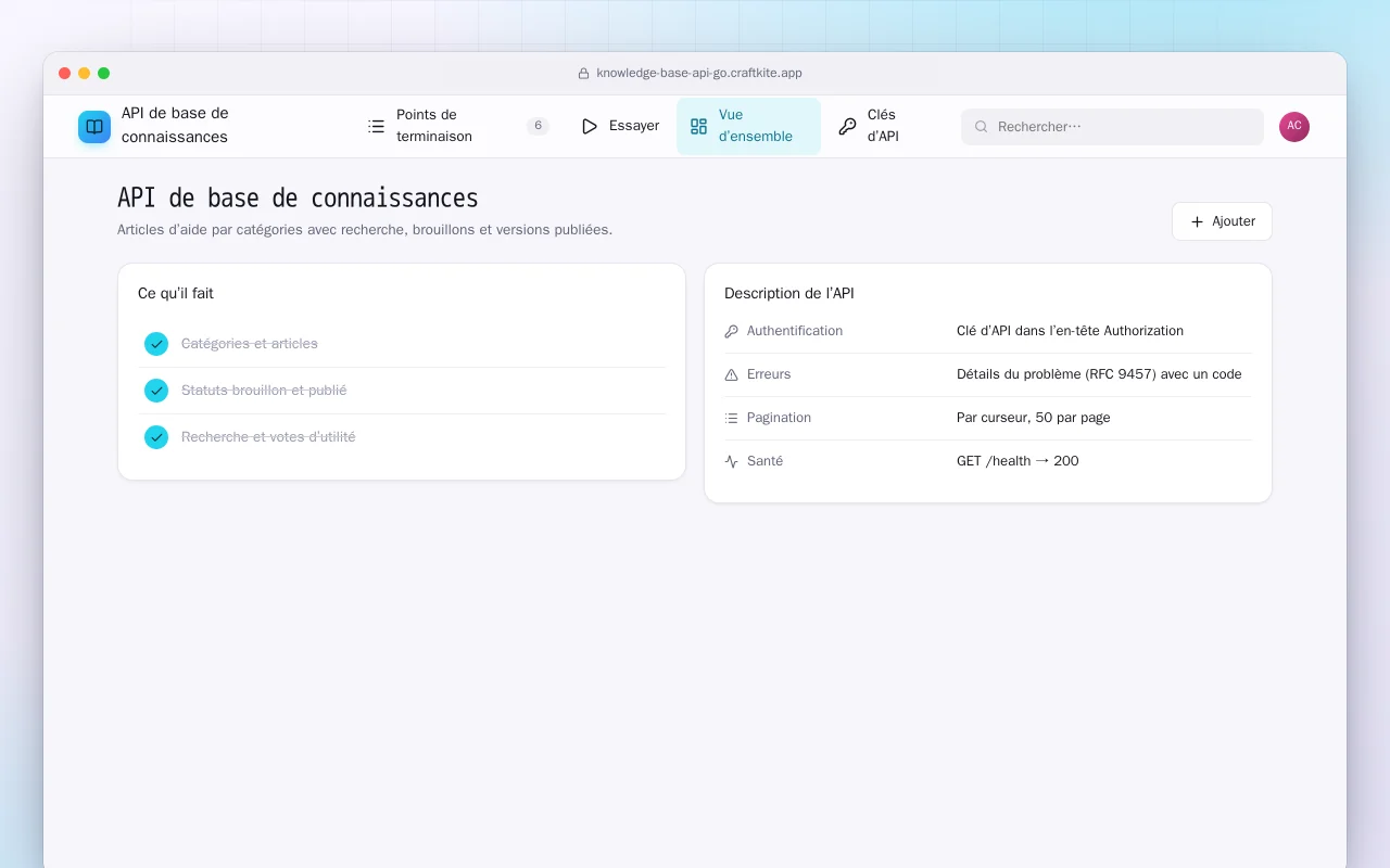 API de base de connaissances (Go) : l’écran API de base de connaissances