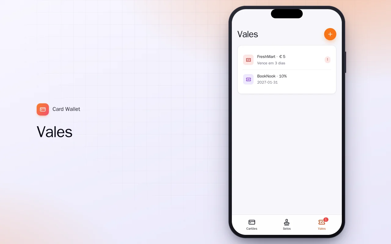 Carteira de cartões fidelidade (Flutter): a tela Vales