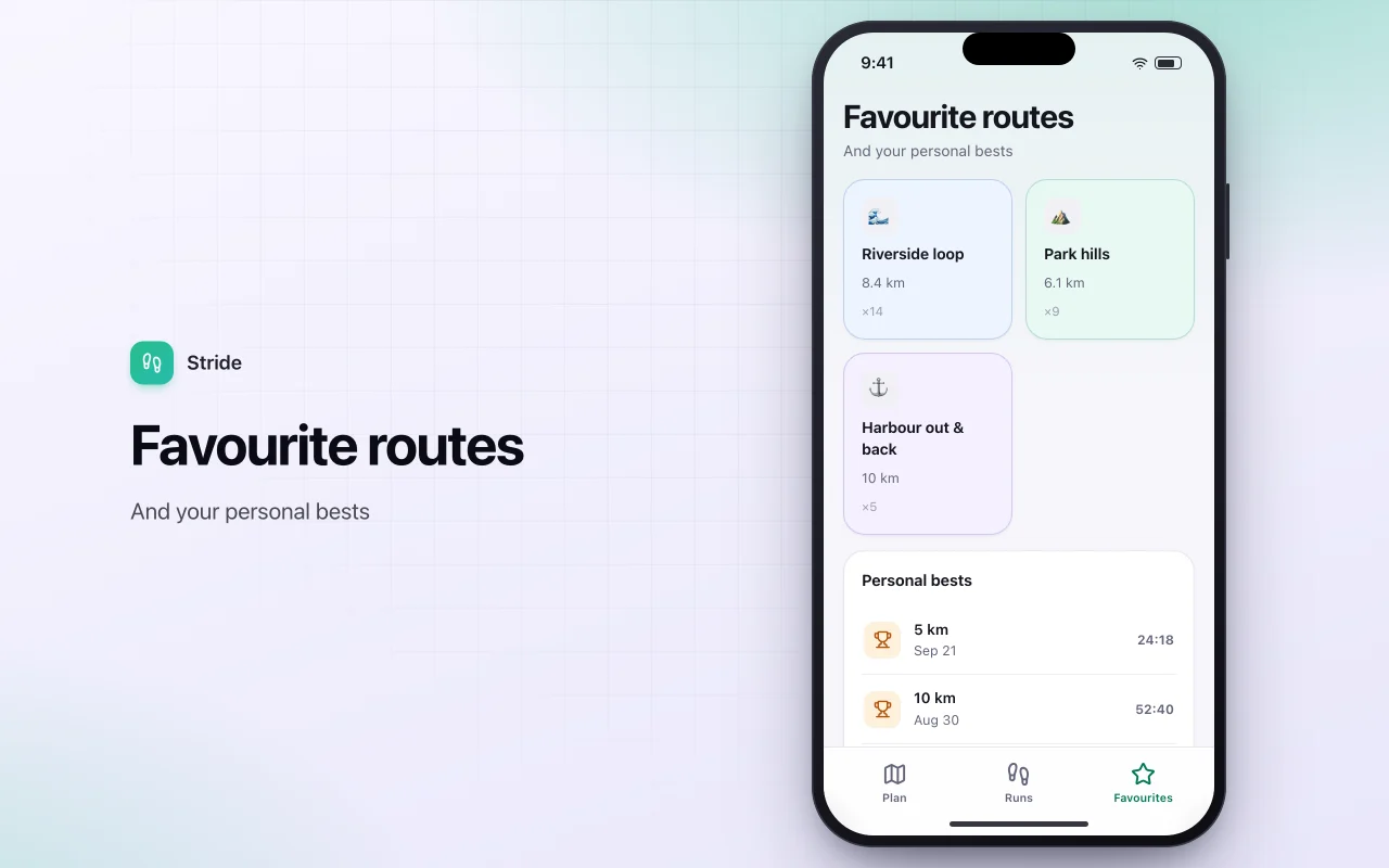 Running and walking route log: the Favourite routes screen