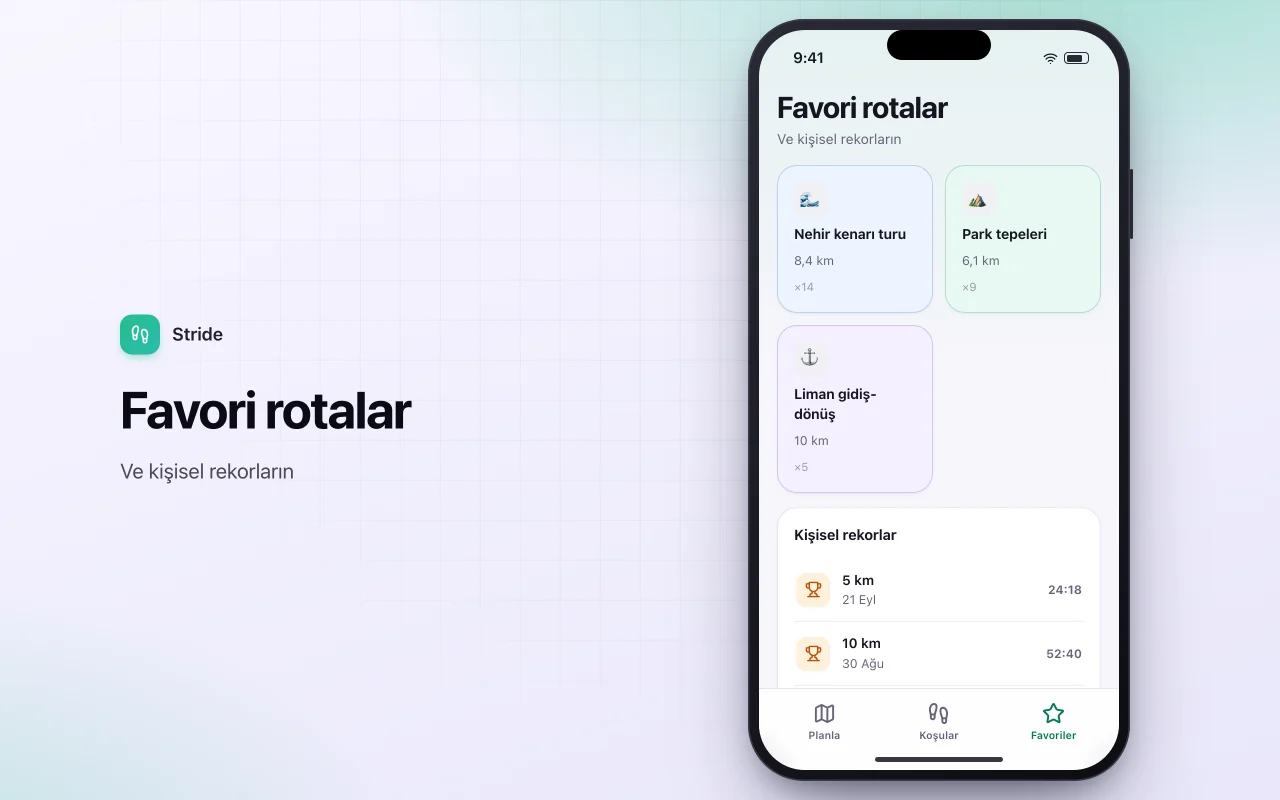 Koşu ve yürüyüş rota günlüğü: Favori rotalar ekranı