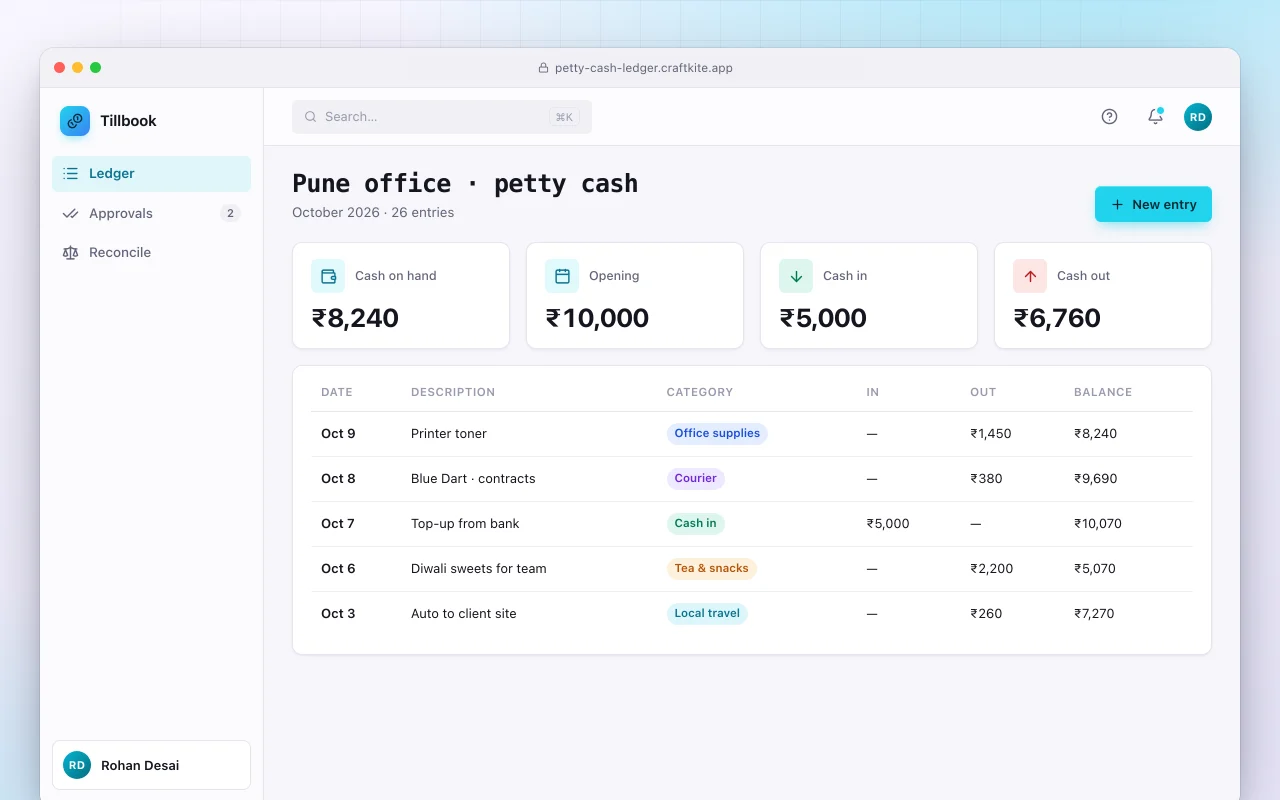 Petty cash ledger: the Pune office · petty cash screen
