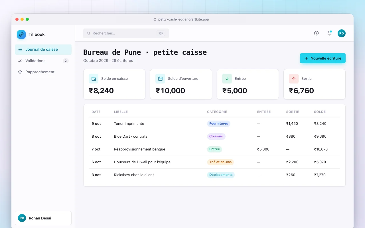 Registre de petite caisse : l’écran Bureau de Pune · petite caisse