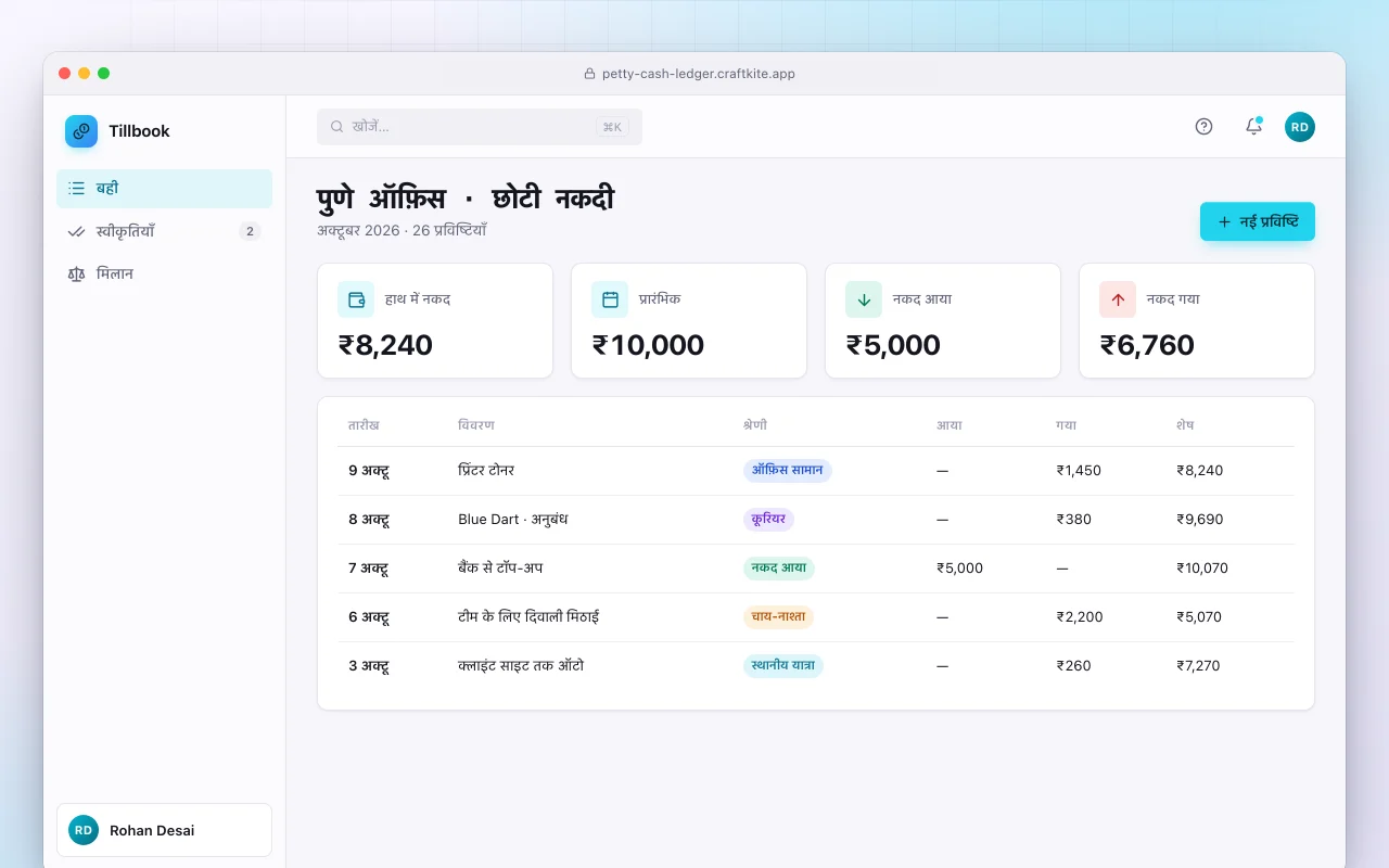 पेटी कैश लेजर: पुणे ऑफ़िस · छोटी नकदी स्क्रीन