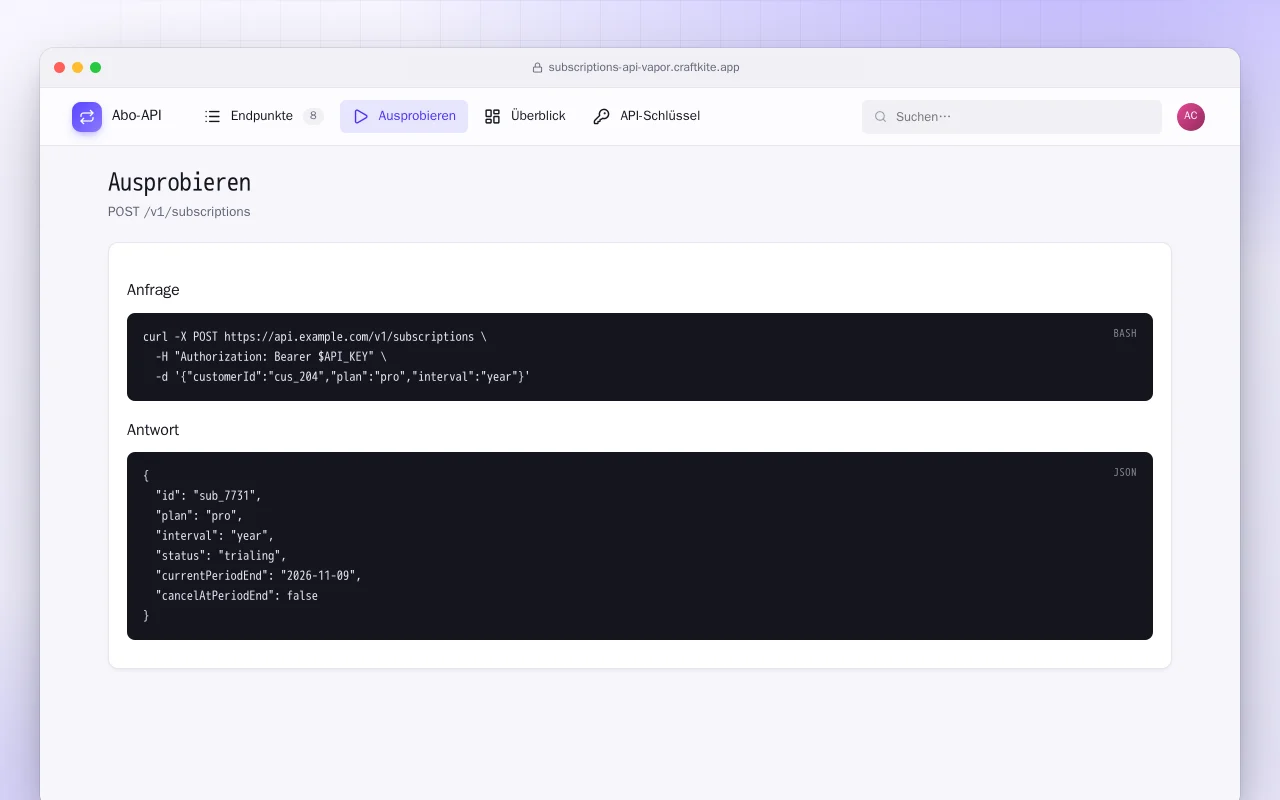 Abo-API (Vapor): der Bildschirm „Ausprobieren“