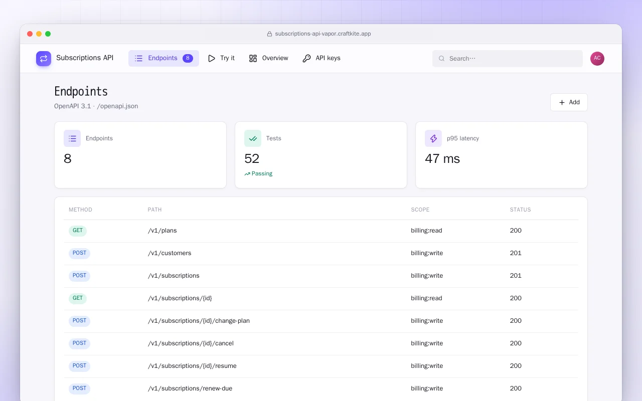 Subscriptions API (Vapor): the Endpoints screen