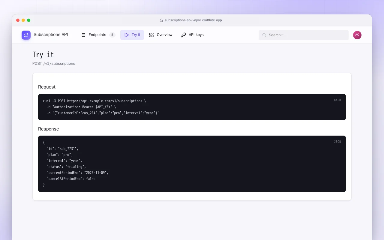 Subscriptions API (Vapor): the Try it screen