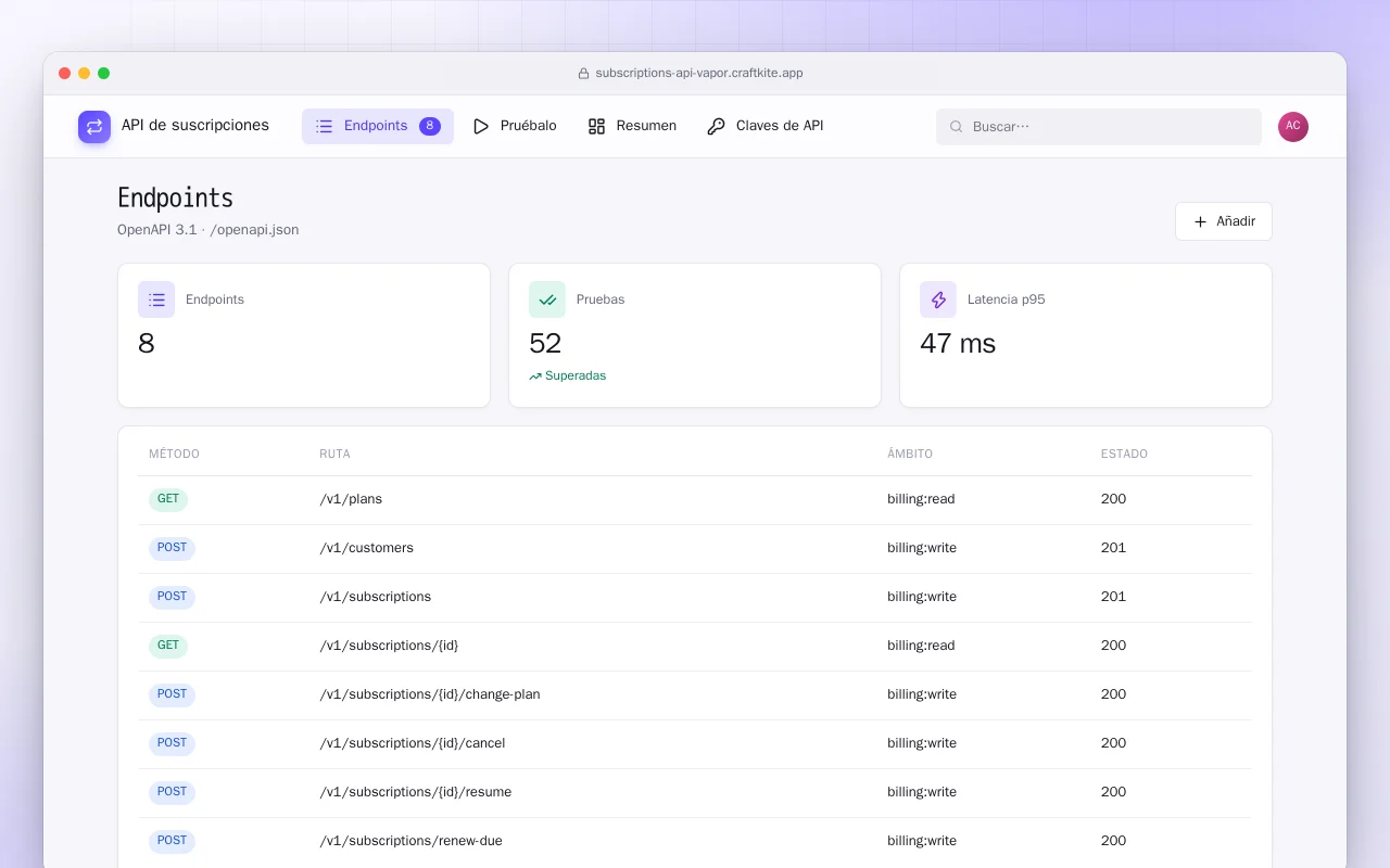 API de suscripciones (Vapor): la pantalla Endpoints