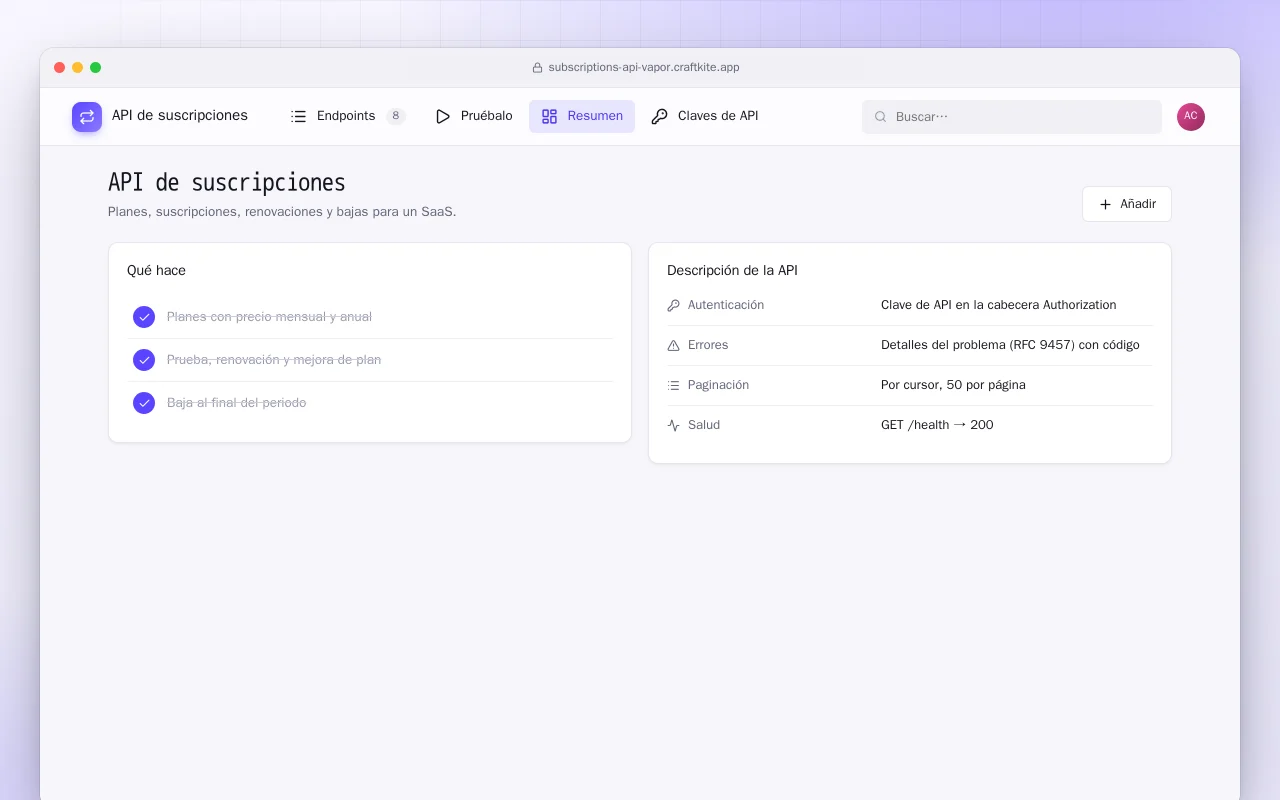 API de suscripciones (Vapor): la pantalla API de suscripciones