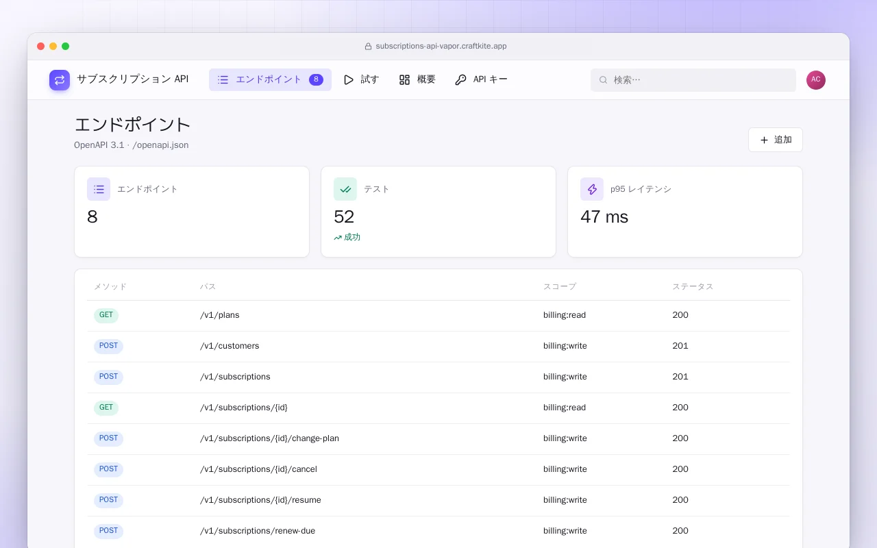 サブスクリプション API（Vapor）：エンドポイント画面