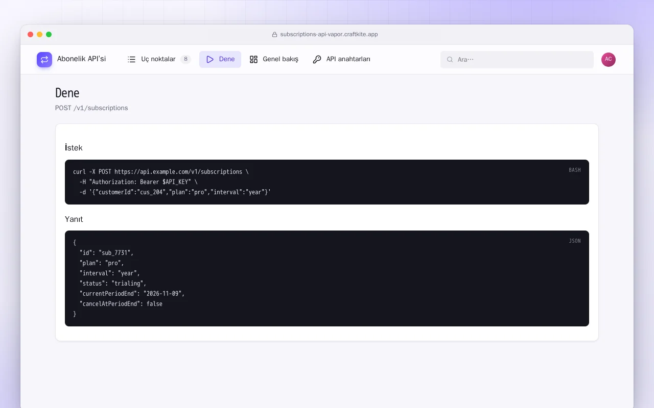 Abonelik API’si (Vapor): Dene ekranı
