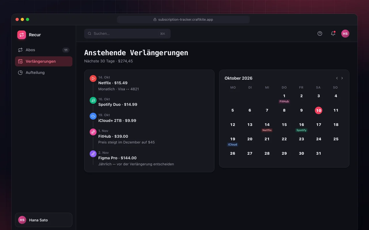 Abo-Tracker: der Bildschirm „Anstehende Verlängerungen“