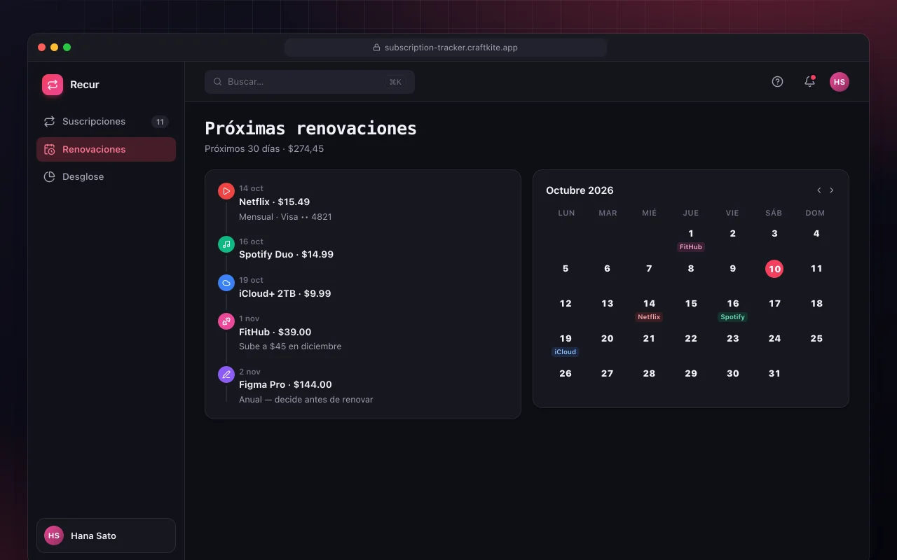 Seguimiento de suscripciones: la pantalla Próximas renovaciones