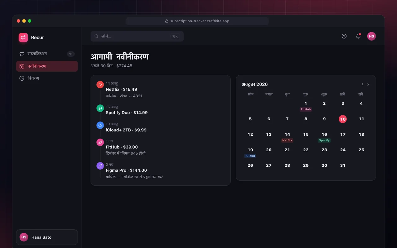 सब्सक्रिप्शन ट्रैकर: आगामी नवीनीकरण स्क्रीन