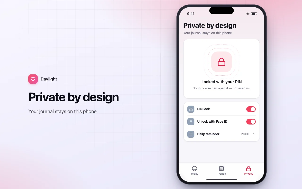 Mood and gratitude journal: the Private by design screen