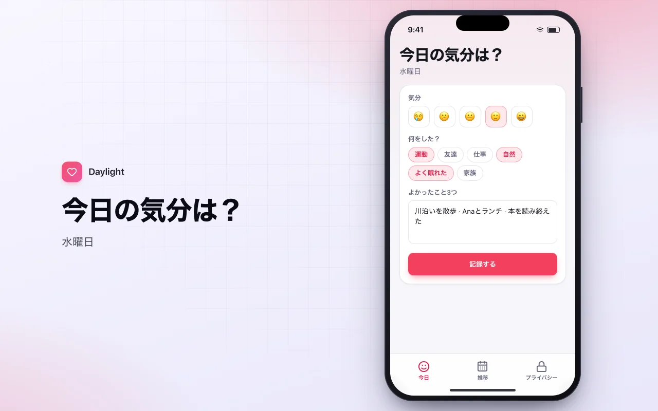 気分と感謝の日記：今日の気分は？画面