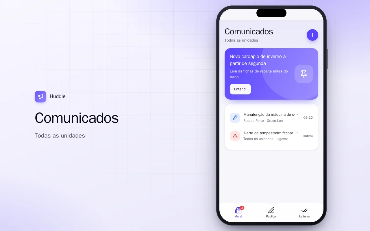 Comunicados da equipe: a tela Comunicados