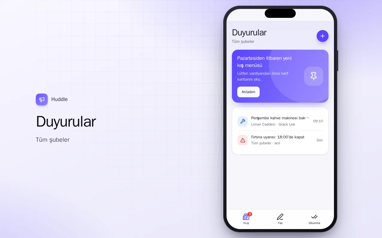 Ekip duyuruları: Duyurular ekranı