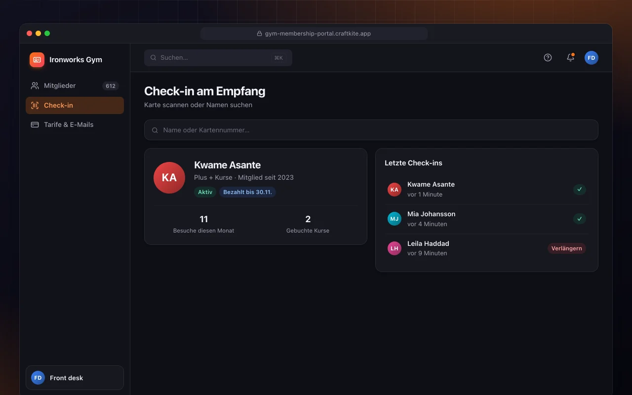 Fitnessstudio-Mitgliederportal: der Bildschirm „Check-in am Empfang“