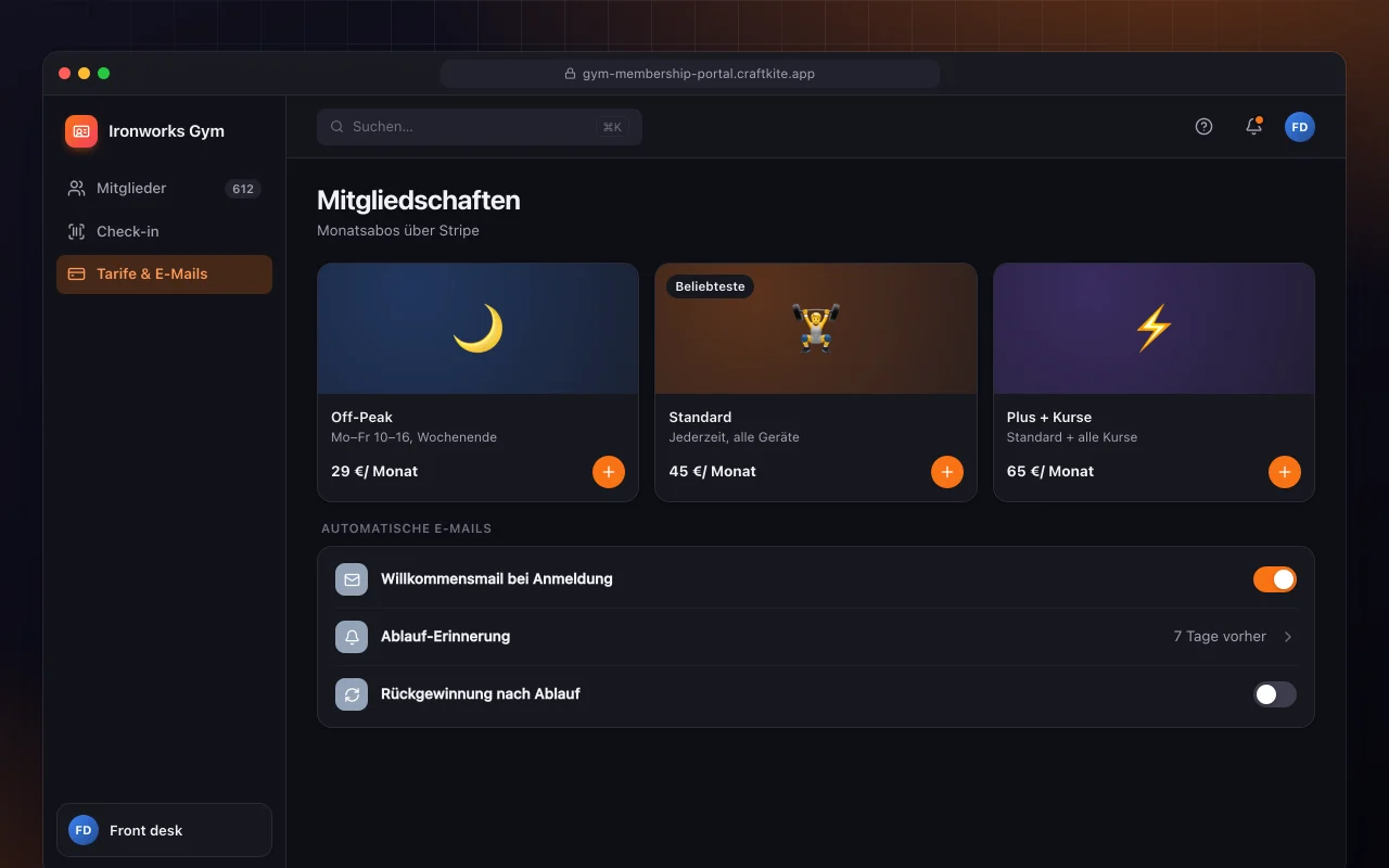 Fitnessstudio-Mitgliederportal: der Bildschirm „Mitgliedschaften“