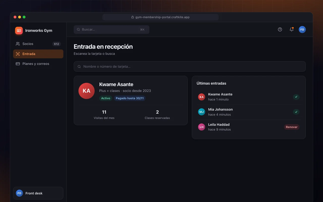 Portal de socios de gimnasio: la pantalla Entrada en recepción