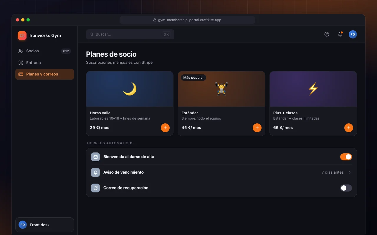 Portal de socios de gimnasio: la pantalla Planes de socio