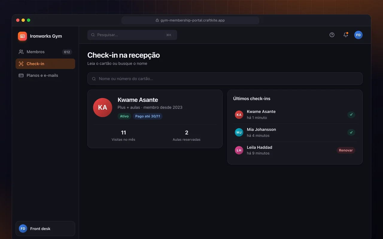 Portal de matrículas de academia: a tela Check-in na recepção