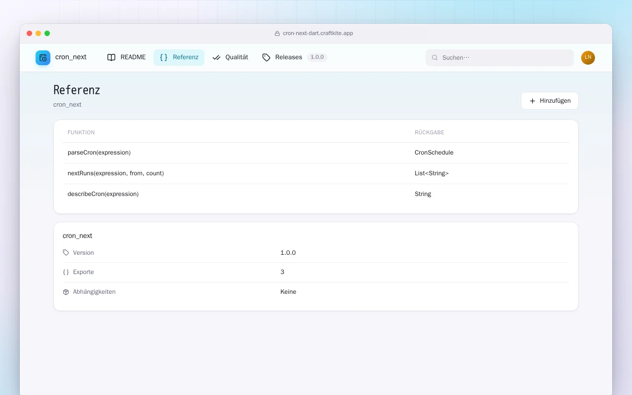 Cron Next (Dart): der Bildschirm „Referenz“