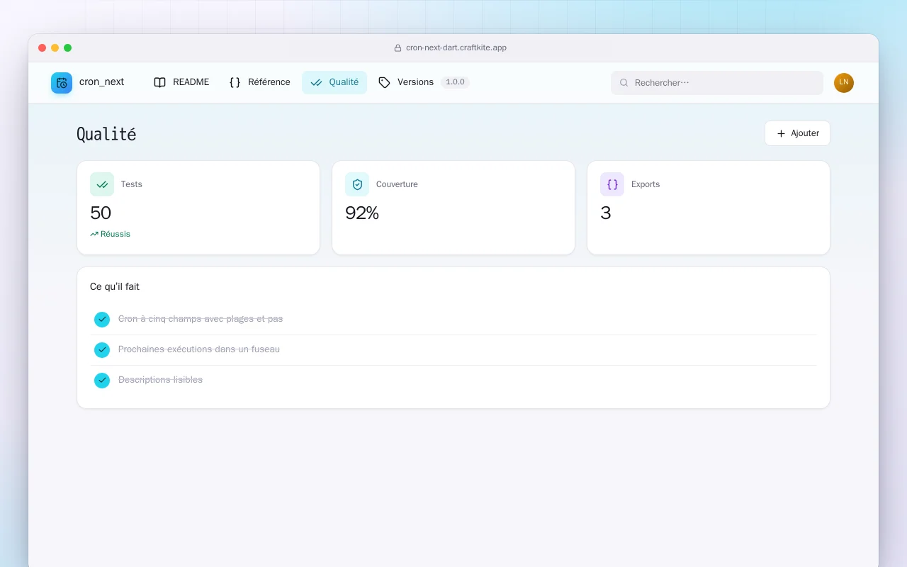 Cron Next (Dart) : l’écran Qualité