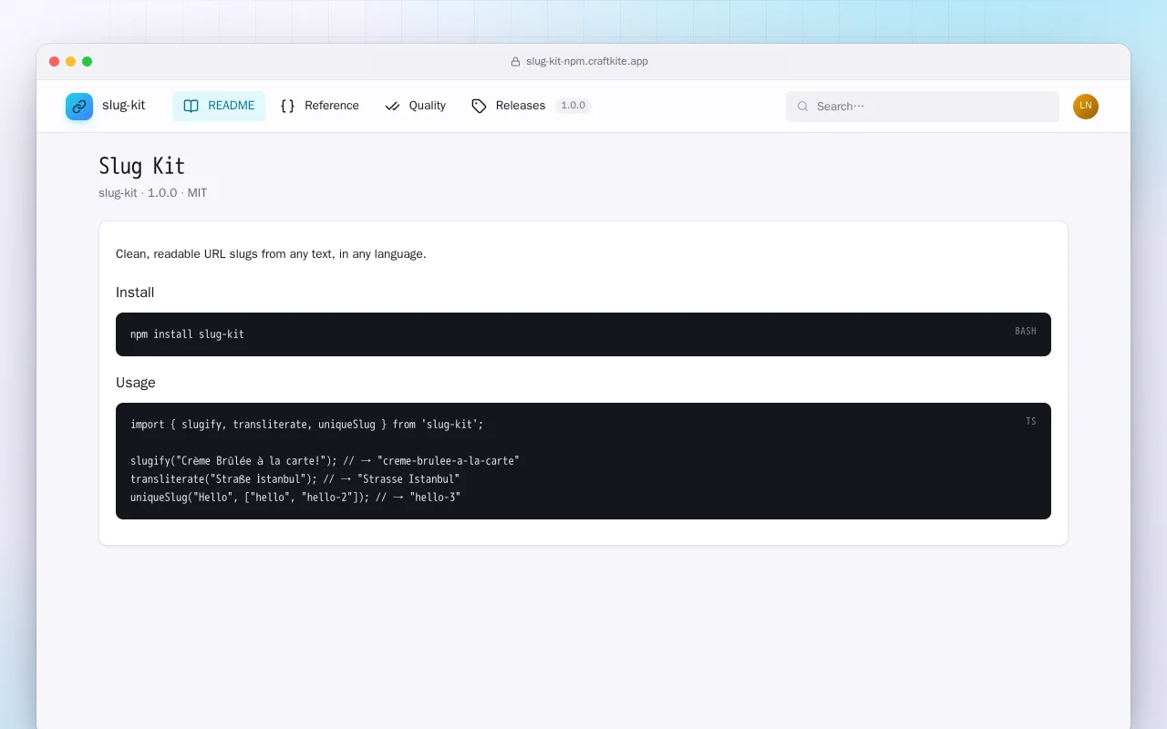 Slug Kit (TypeScript): the Slug Kit screen