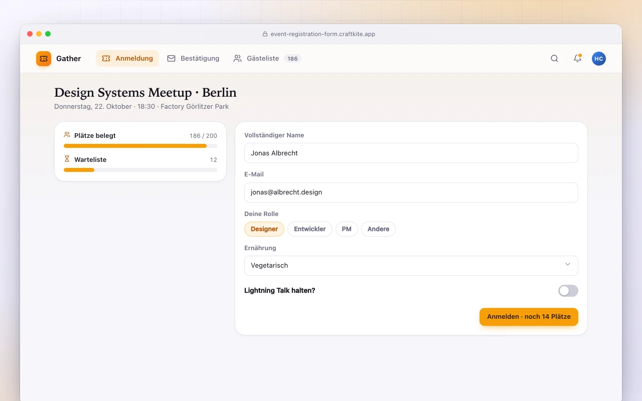 Event-Anmeldeformular: der Bildschirm „Design Systems Meetup · Berlin“