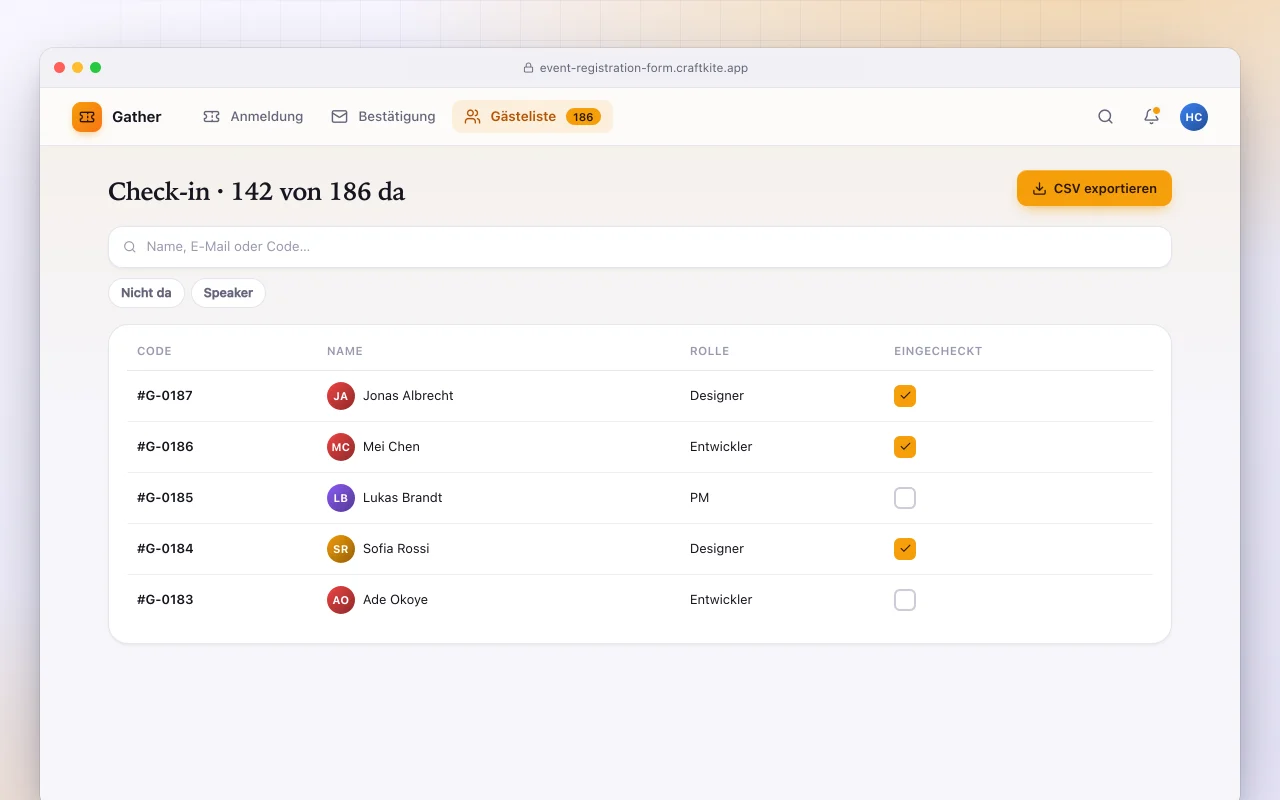 Event-Anmeldeformular: der Bildschirm „Check-in · 142 von 186 da“