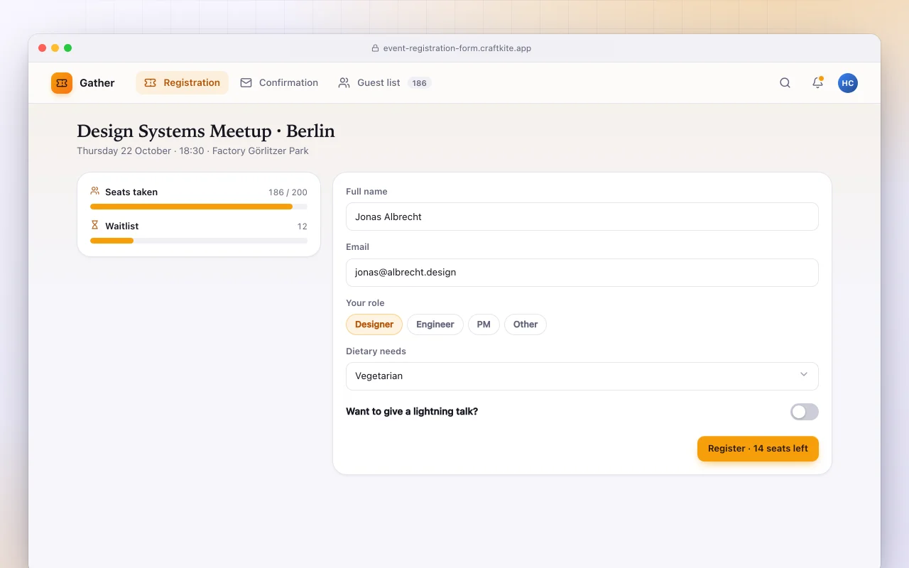Event registration form: the Design Systems Meetup · Berlin screen
