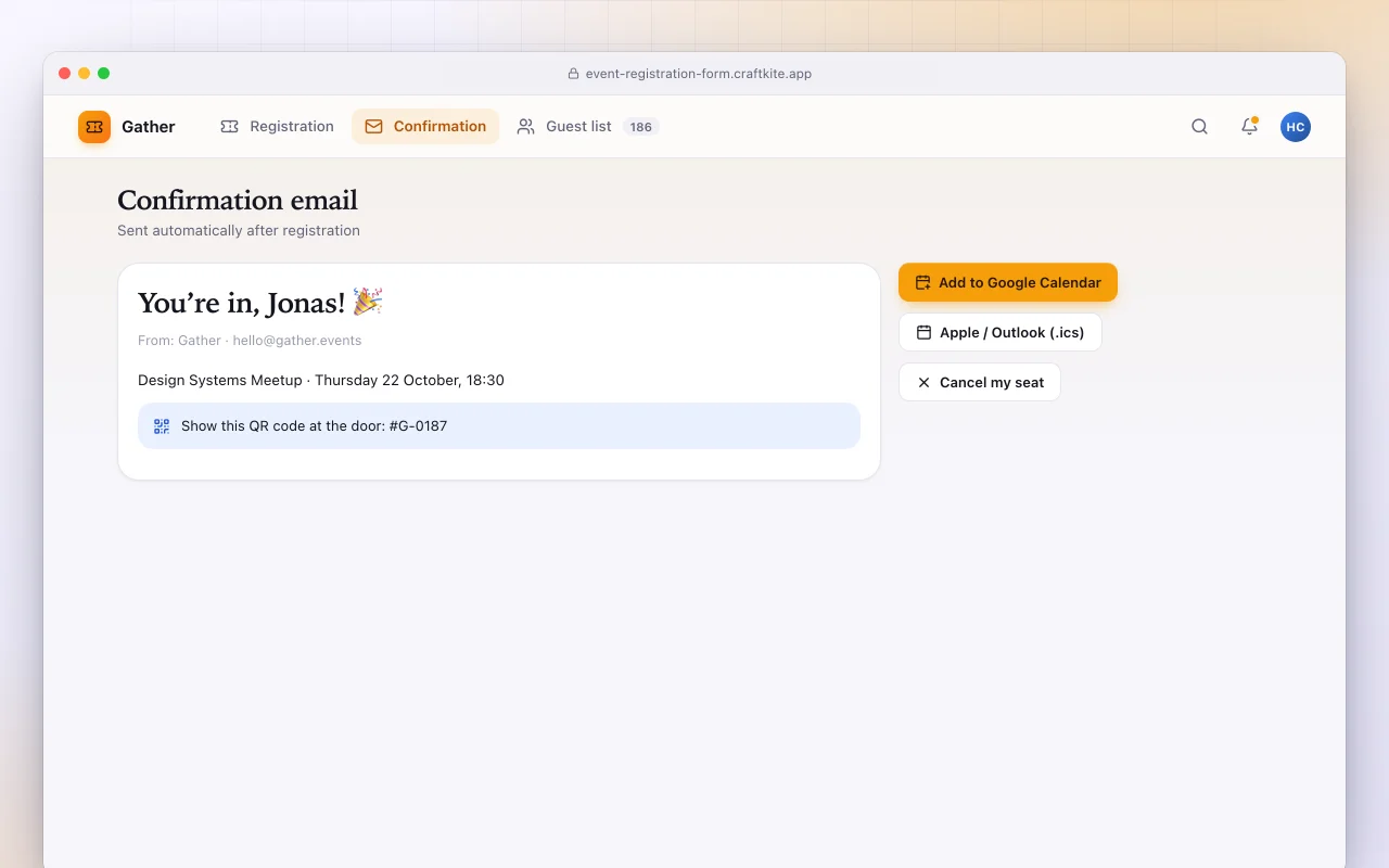 Event registration form: the Confirmation email screen